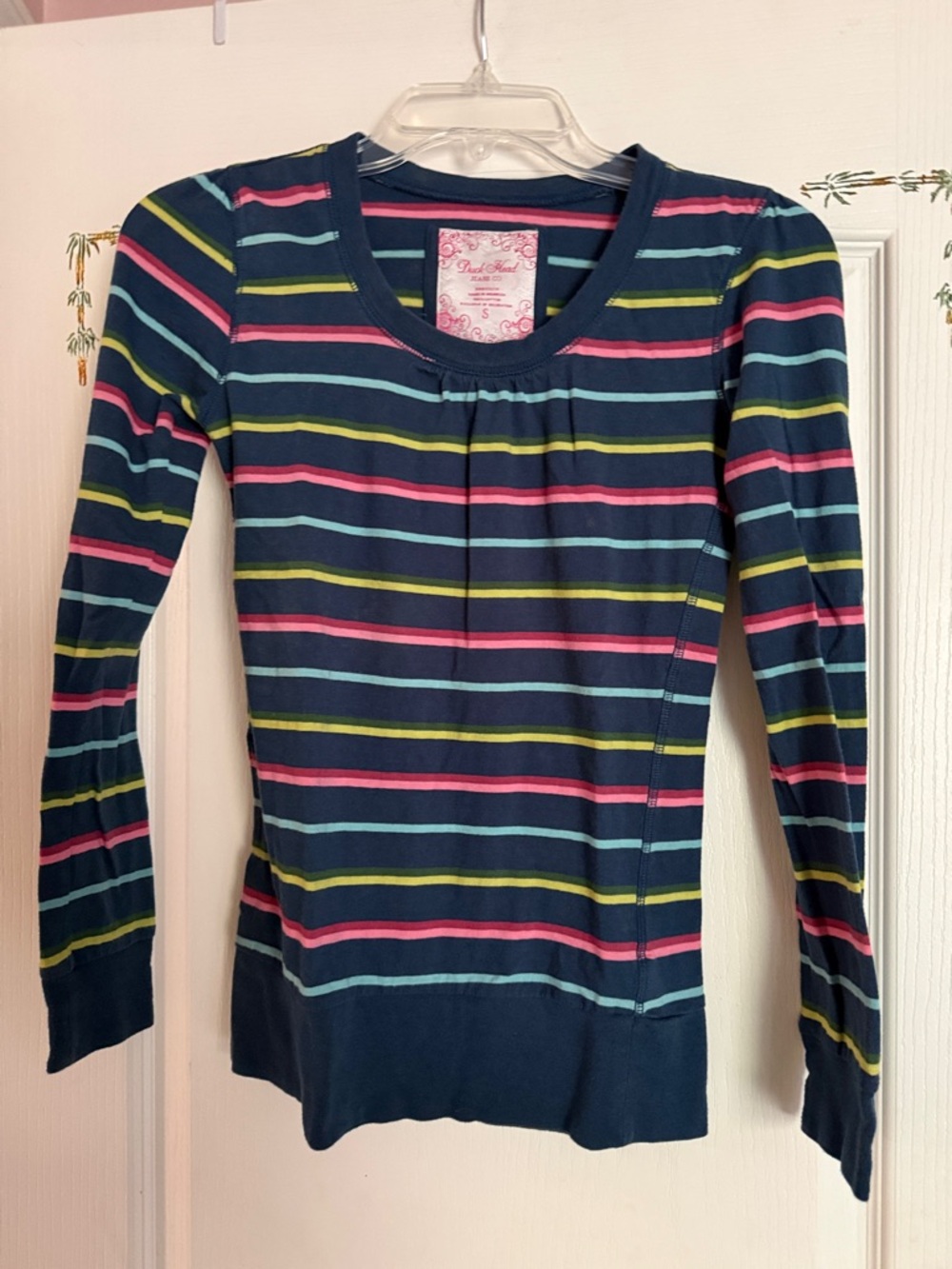 Duck Head Navy Long Sleeve Top with Pink & Teal Stripes